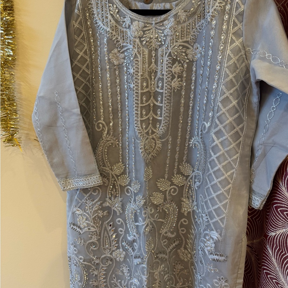 Elegant Silver Embroidered Wedding Dress